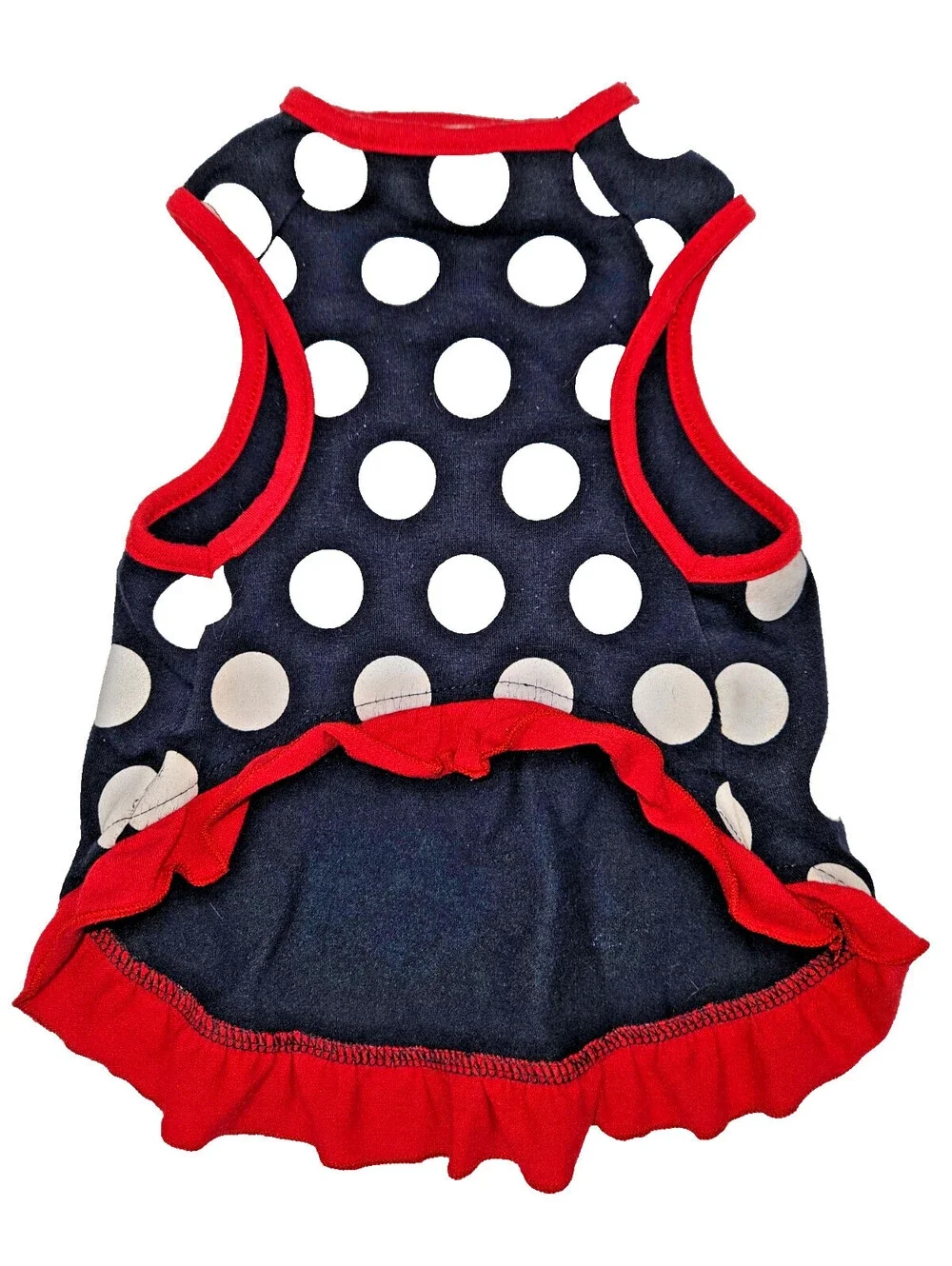 Bad To The Bone doggy-wear black with white polka dot and red ruffle trim size L